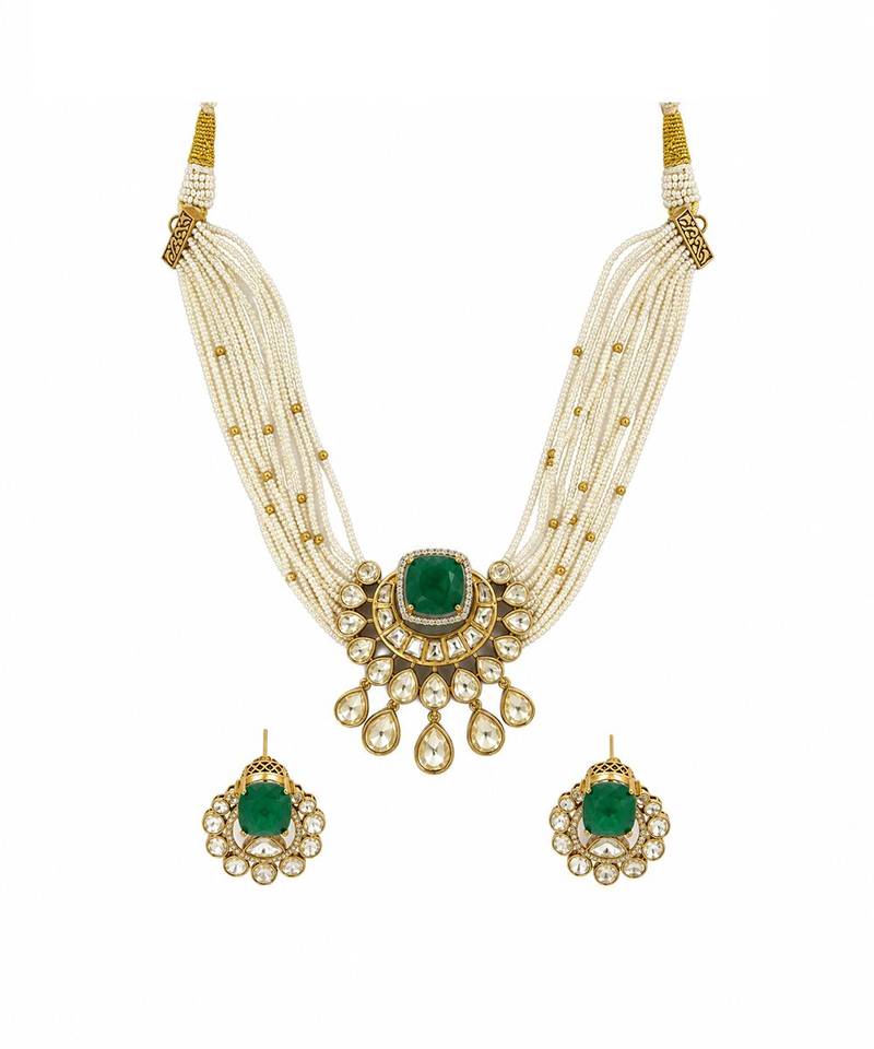 Gold plated emerald green pearl moissanite polki choker set