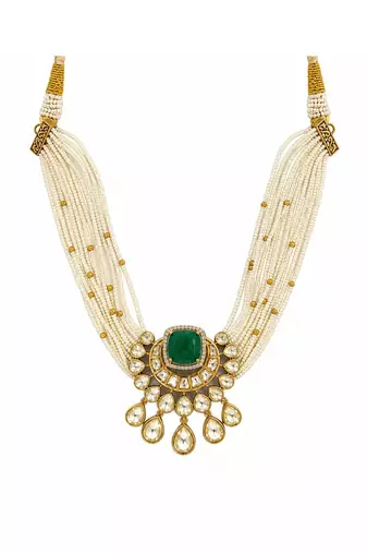 Gold plated emerald green pearl moissanite polki choker set