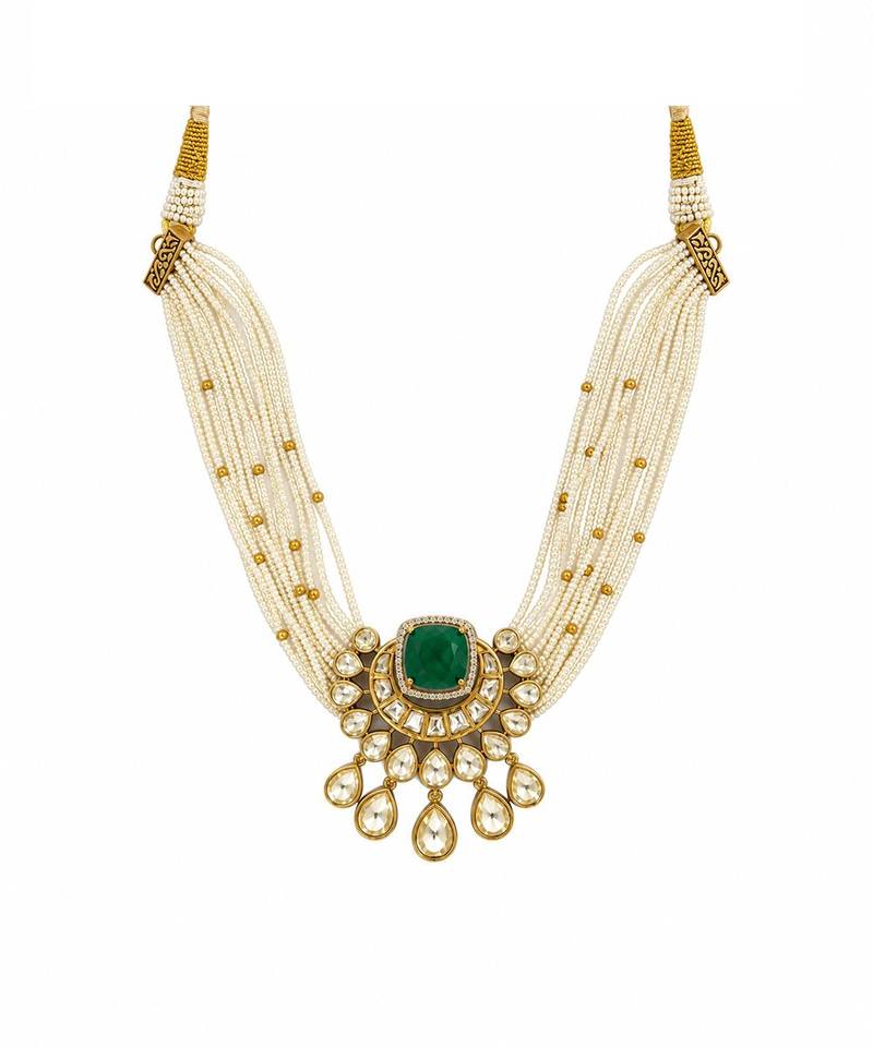 Gold plated emerald green pearl moissanite polki choker set
