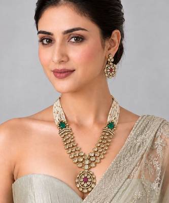 Gold plated emerald green and ruby red moissanite polki pearl necklace set 1