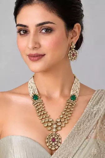 Gold plated emerald green and ruby red moissanite polki pearl necklace set