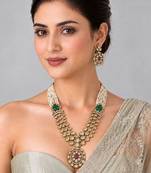 Gold plated emerald green and ruby red moissanite polki pearl necklace set