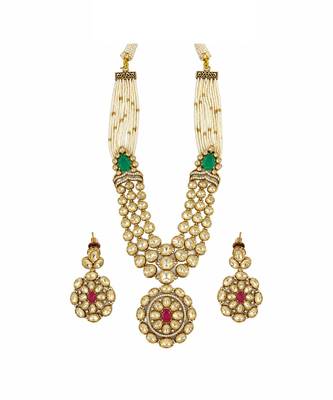 Gold plated emerald green and ruby red moissanite polki pearl necklace set 2