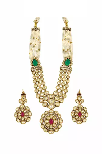 Gold plated emerald green and ruby red moissanite polki pearl necklace set