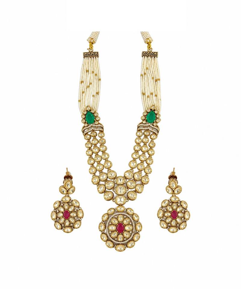 Gold plated emerald green and ruby red moissanite polki pearl necklace set