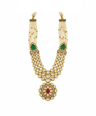 Gold plated emerald green and ruby red moissanite polki pearl necklace set 3
