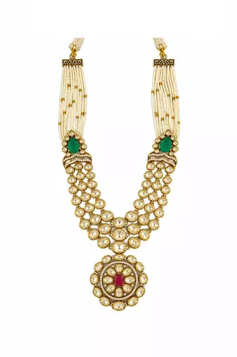 Gold plated emerald green and ruby red moissanite polki pearl necklace set