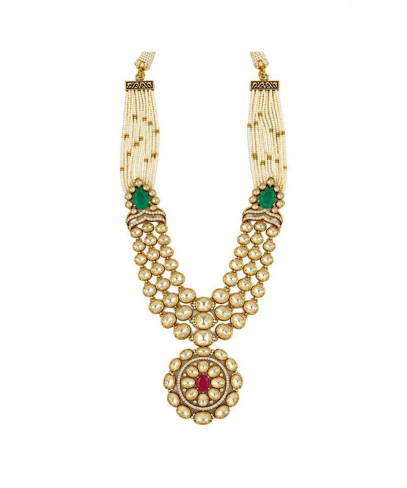 Gold plated emerald green and ruby red moissanite polki pearl necklace set