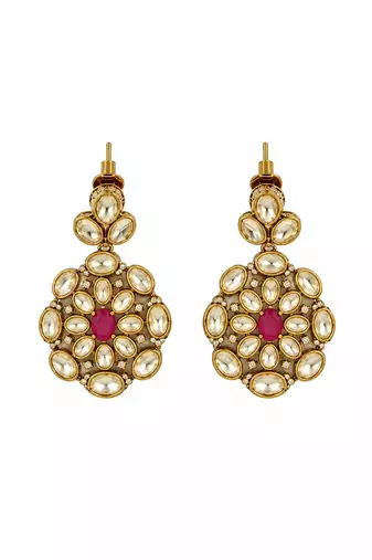 Gold plated emerald green and ruby red moissanite polki pearl necklace set
