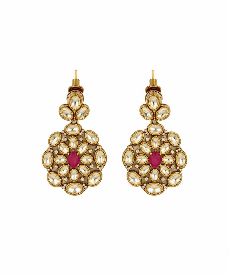 Gold plated emerald green and ruby red moissanite polki pearl necklace set
