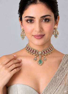 Gold plated ruby red and emerald green moissanite choker necklace set 1