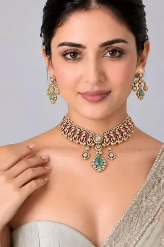 Gold plated ruby red and emerald green moissanite choker necklace set