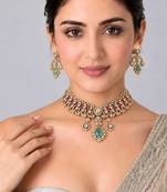 Gold plated ruby red and emerald green moissanite choker necklace set