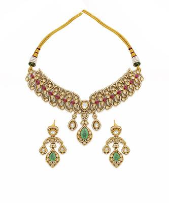 Gold plated ruby red and emerald green moissanite choker necklace set 2