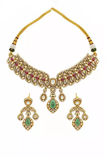 Gold plated ruby red and emerald green moissanite choker necklace set