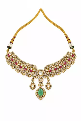Gold plated ruby red and emerald green moissanite choker necklace set