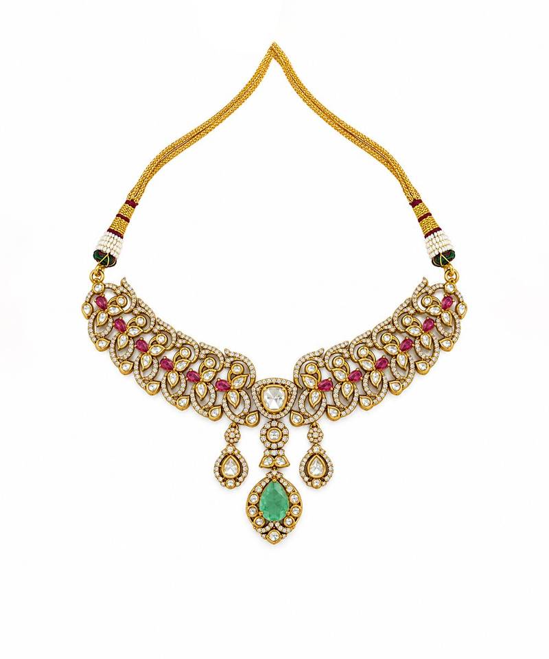 Gold plated ruby red and emerald green moissanite choker necklace set