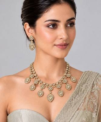 Gold plated moissanite polki statement necklace set 1