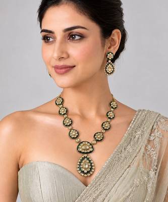 Gold plated emerald green moissanite polki necklace set 1