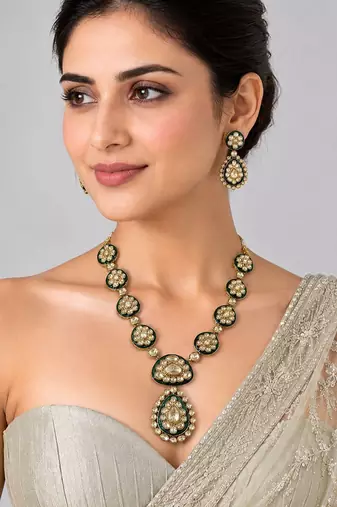 Gold plated emerald green moissanite polki necklace set