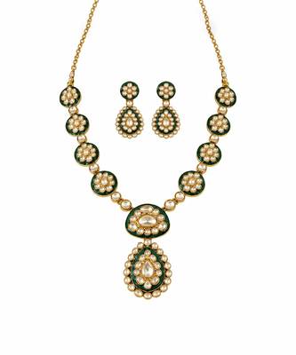 Gold plated emerald green moissanite polki necklace set 2