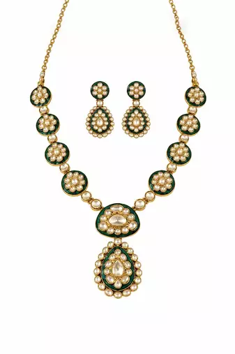 Gold plated emerald green moissanite polki necklace set