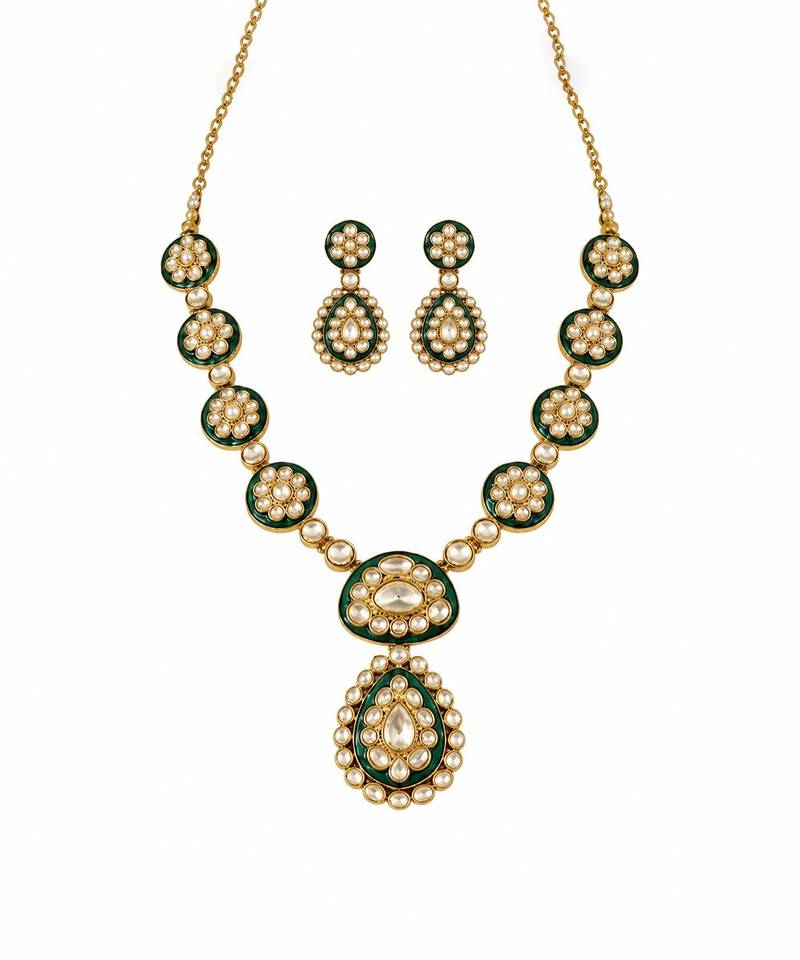 Gold plated emerald green moissanite polki necklace set
