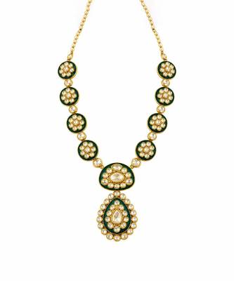 Gold plated emerald green moissanite polki necklace set 3