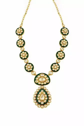 Gold plated emerald green moissanite polki necklace set