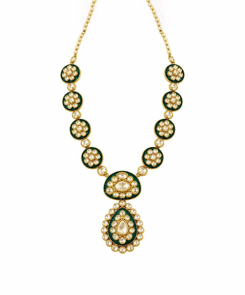 Gold plated emerald green moissanite polki necklace set