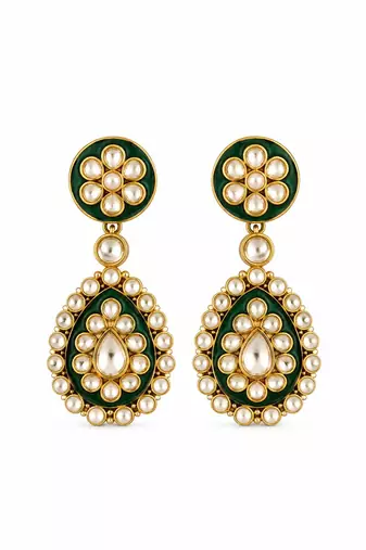 Gold plated emerald green moissanite polki necklace set