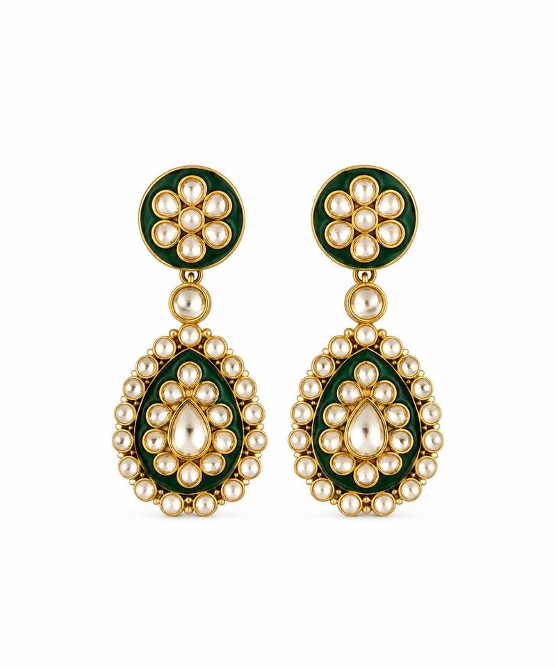 Gold plated emerald green moissanite polki necklace set