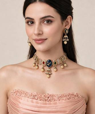 Gold plated navratna kundan pearl choker earring set 1