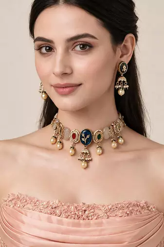 Gold plated navratna kundan pearl choker earring set
