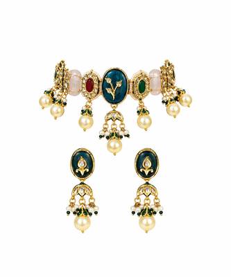 Gold plated navratna kundan pearl choker earring set 2
