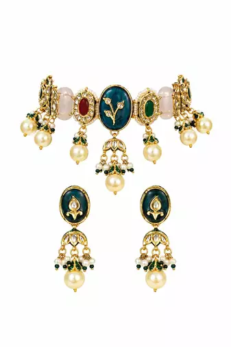 Gold plated navratna kundan pearl choker earring set