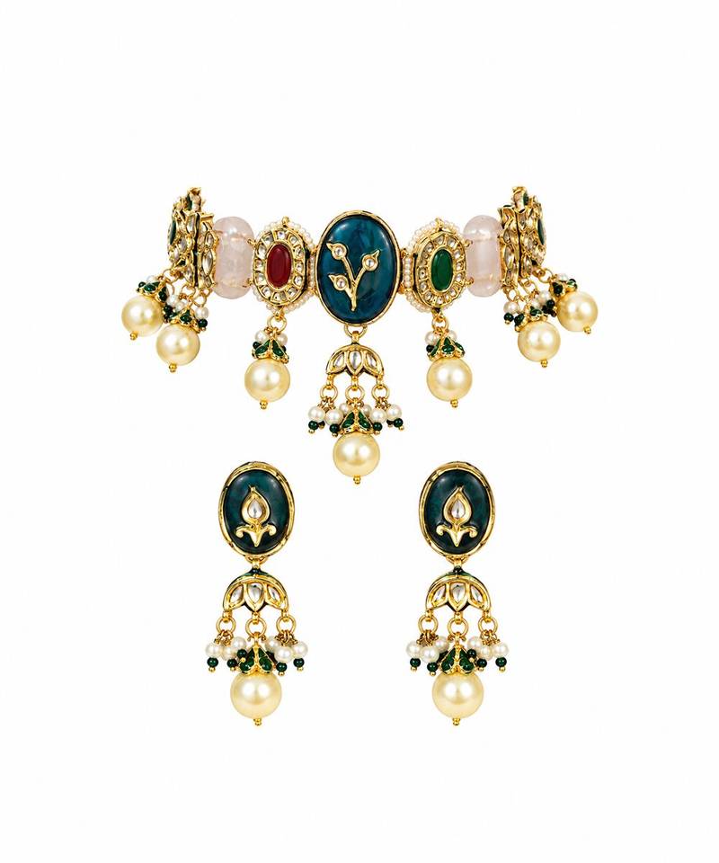Gold plated navratna kundan pearl choker earring set