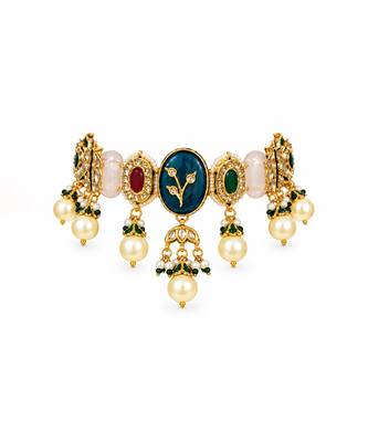 Gold plated navratna kundan pearl choker earring set 3