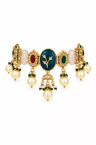 Gold plated navratna kundan pearl choker earring set