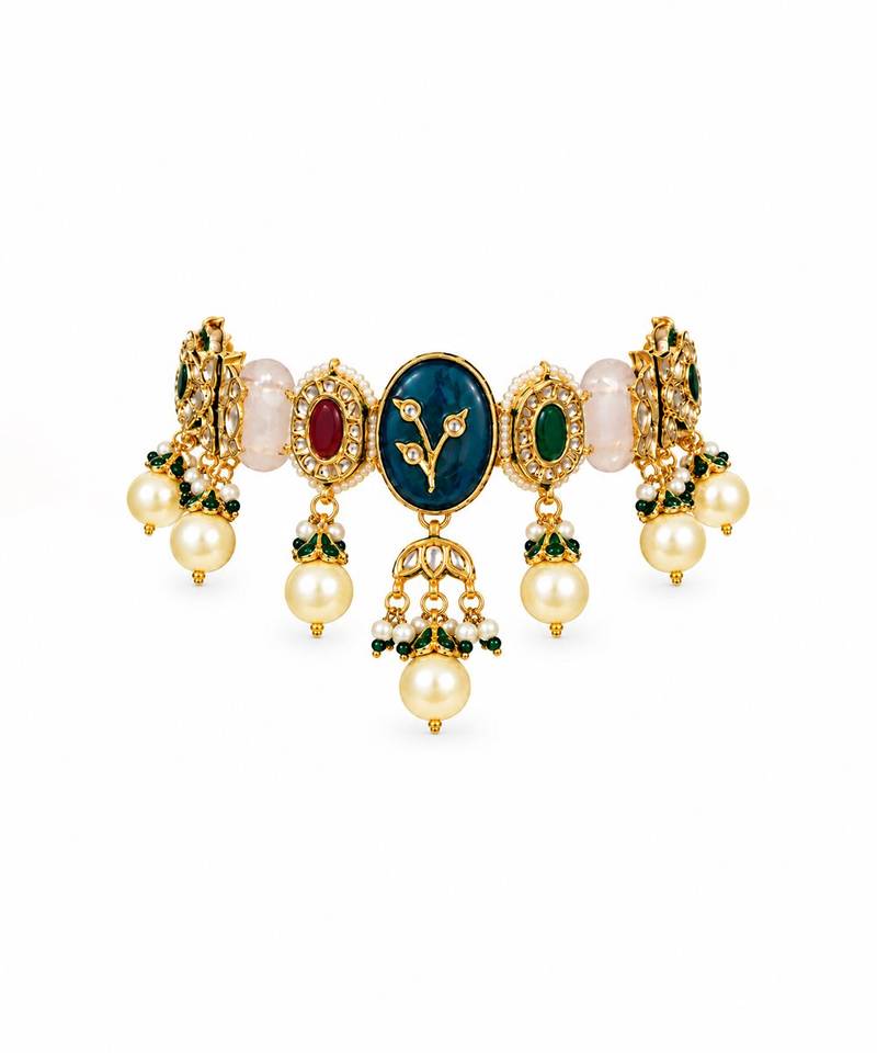 Gold plated navratna kundan pearl choker earring set