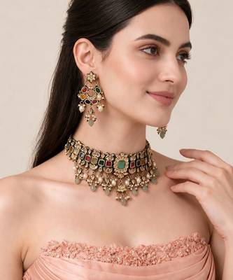 Gold plated navratna kundan pearl choker earring set 1