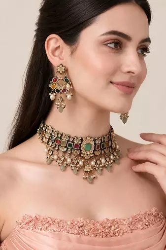 Gold plated navratna kundan pearl choker earring set