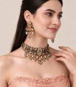 Gold plated navratna kundan pearl choker earring set