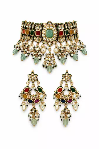Gold plated navratna kundan pearl choker earring set