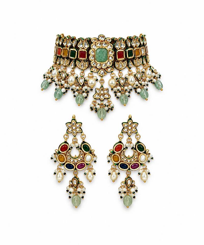 Gold plated navratna kundan pearl choker earring set