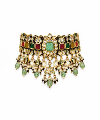 Gold plated navratna kundan pearl choker earring set 3
