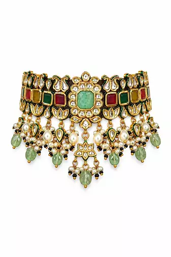 Gold plated navratna kundan pearl choker earring set