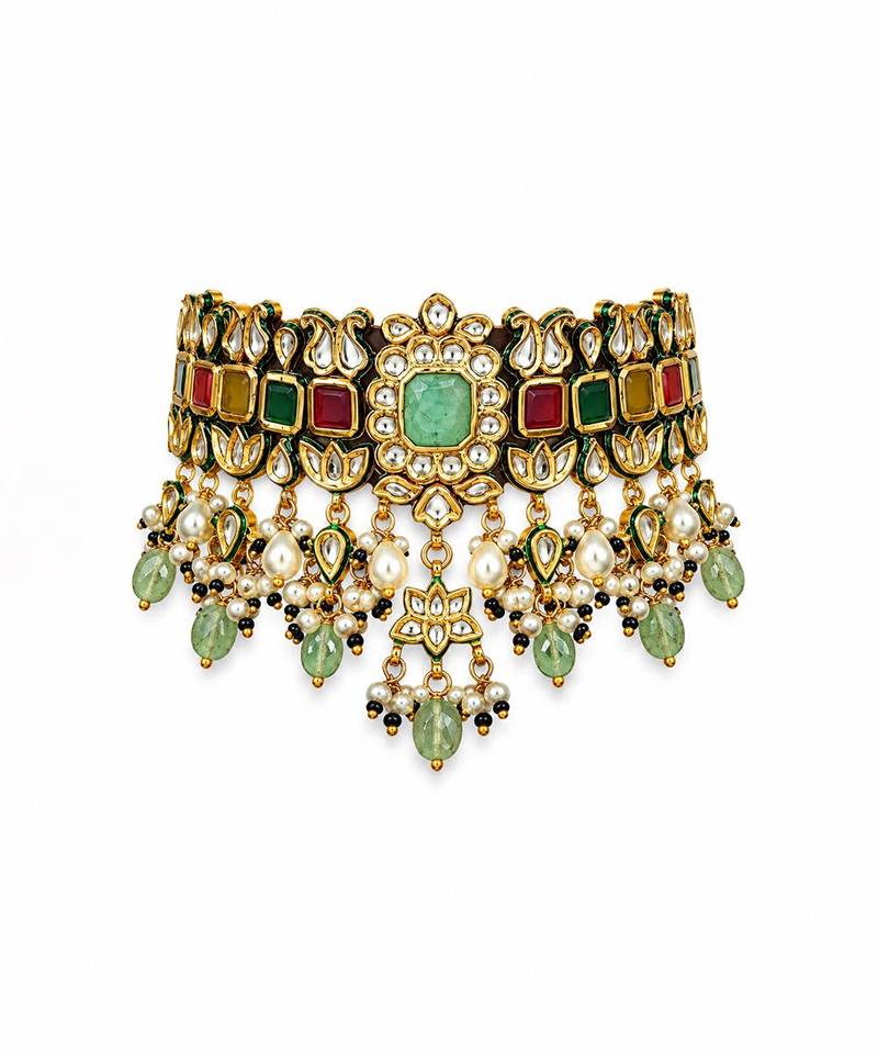 Gold plated navratna kundan pearl choker earring set