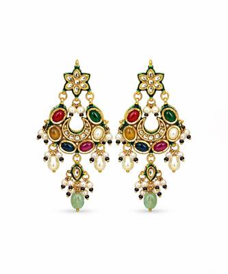 Gold plated navratna kundan pearl choker earring set 4