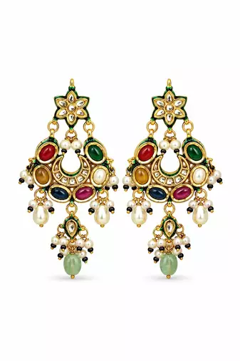 Gold plated navratna kundan pearl choker earring set